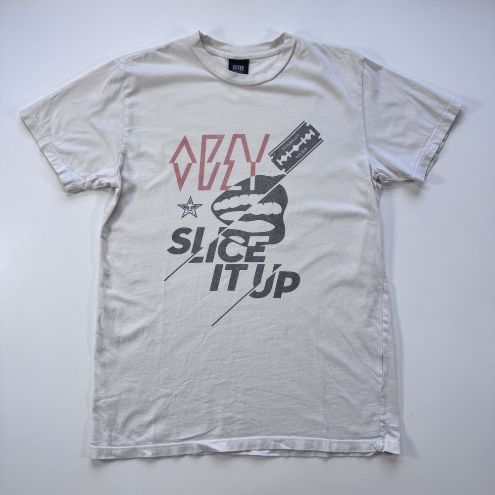 OBEY T Shirt Crew Neck Tee Mens Small Off White Graphic Print Slice It Up